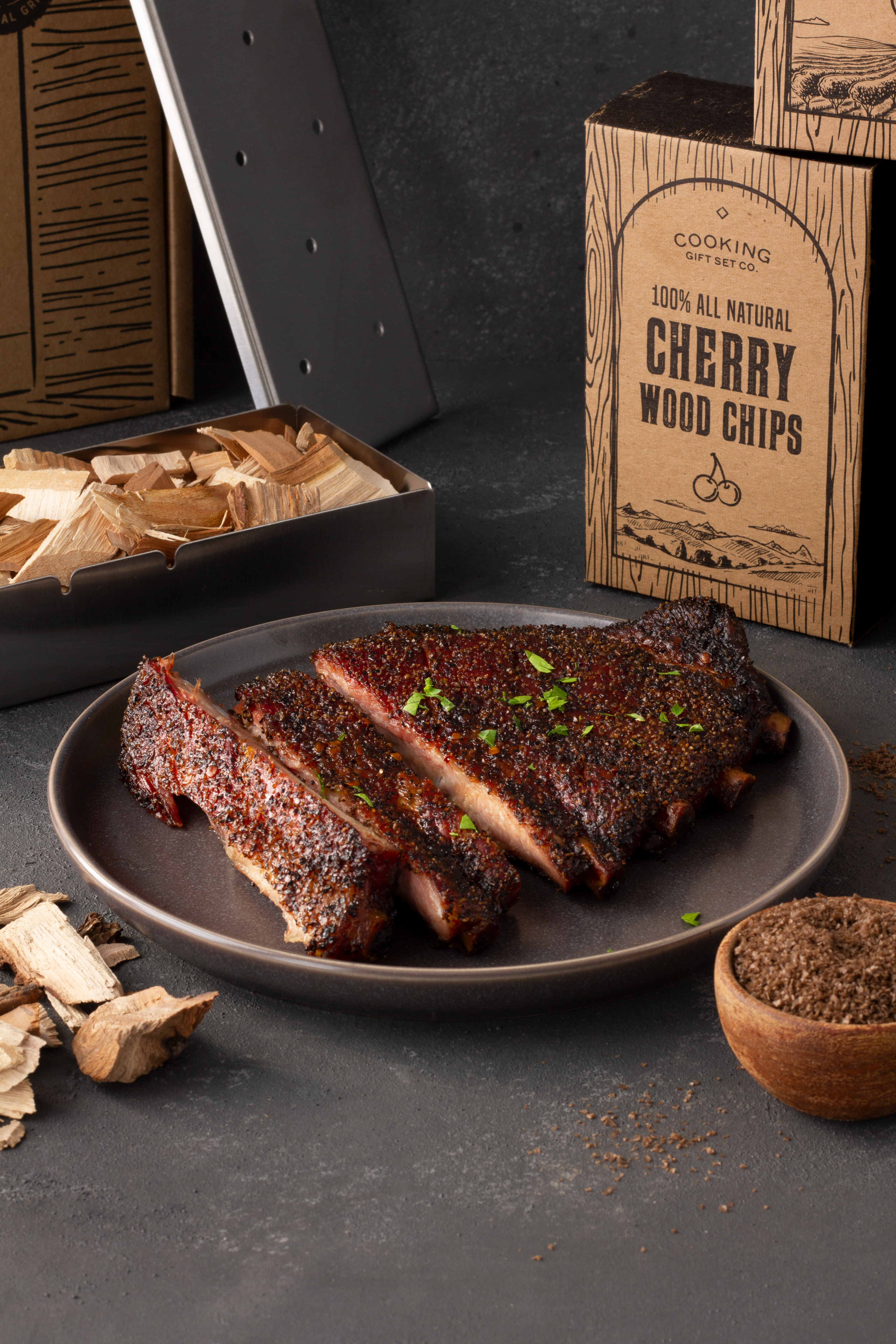Cherry wood chips and smoked ribs